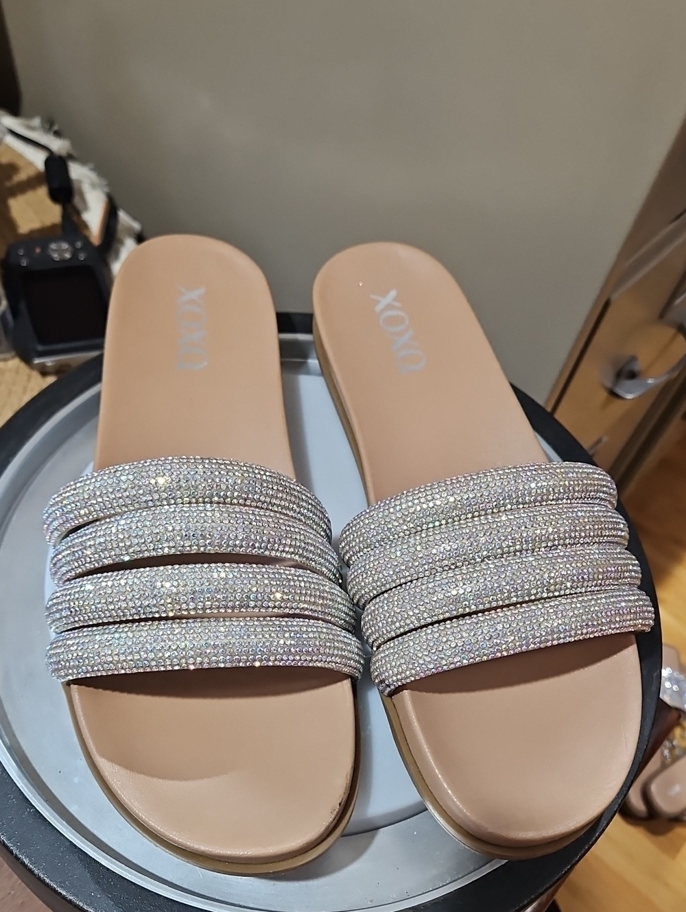XOXO Sparkling Nude Slide Sandals with Crystal Straps